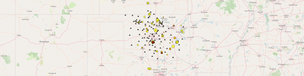 dots on an Oklahoma map representing earthquake locations.