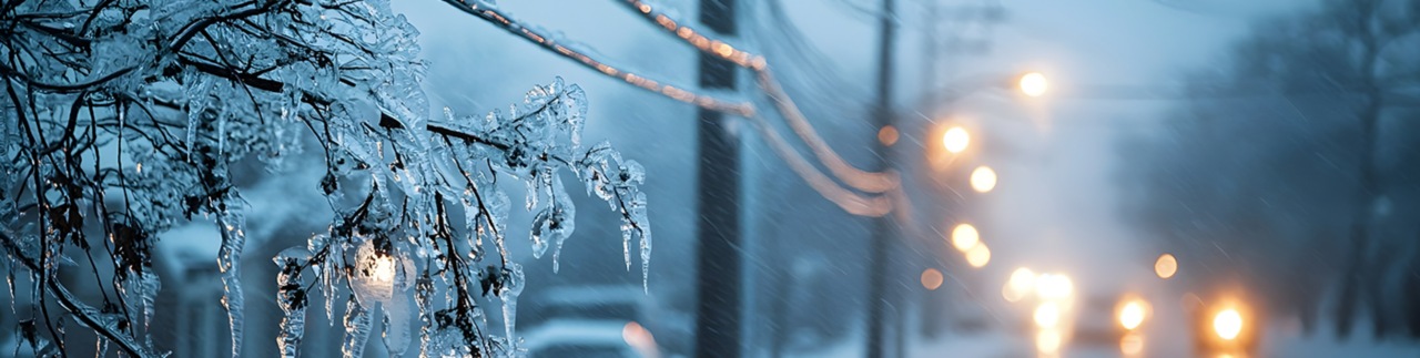 Dramatic frozen winter landscape with a layer of ice covering trees and power lines creating a hazardous yet beautiful scene at dusk in the city 