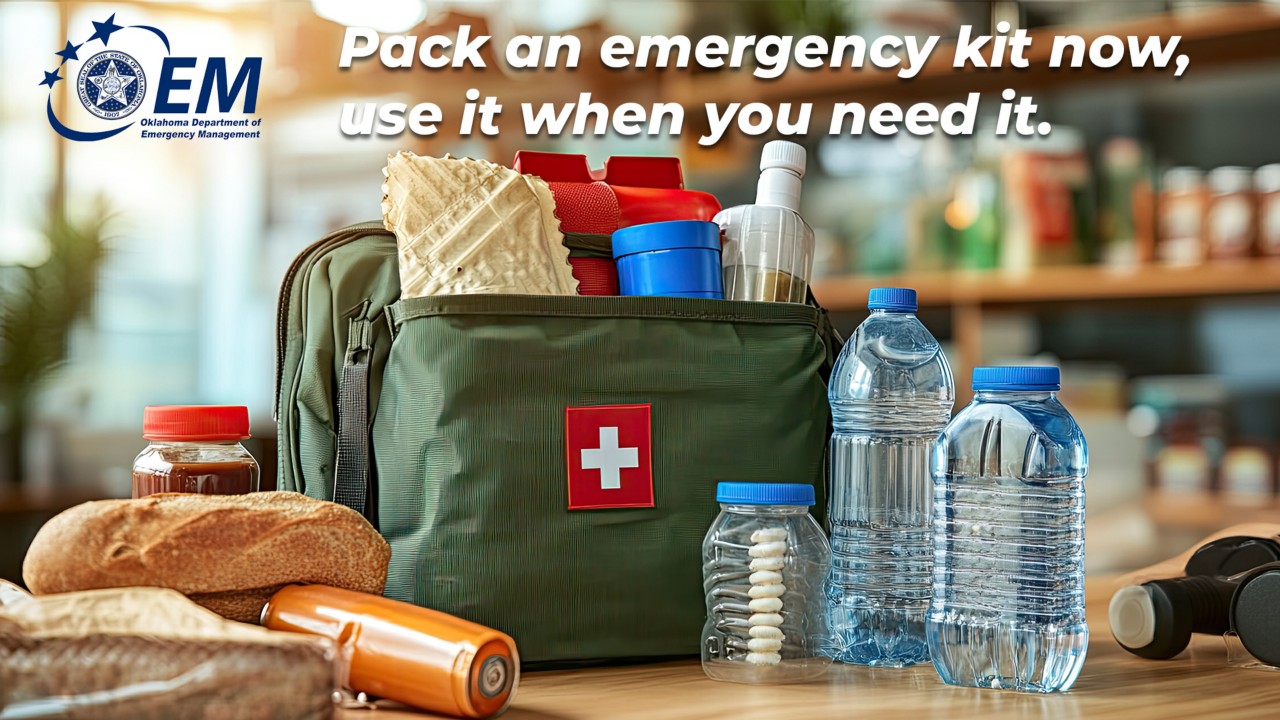 Pack an emergency kit now, use it when you need it. An emergency kit with meds and water. Logo, Oklahoma Emergency Management Association