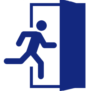 A CGI drawn stick figure running out a door..