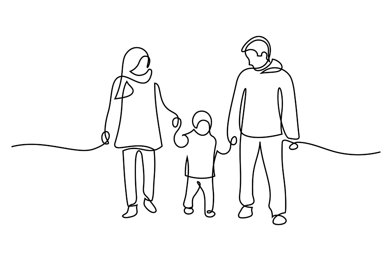 Family in continuous line art drawing style. Front view of parents with one child holding hands and walking together black linear sketch isolated on white background. Vector illustration