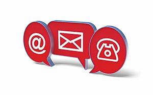 Contact symbols for email, post and telephone, as 3D speech bubbles.