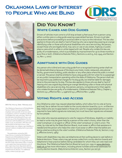 Oklahoma Laws of Interest to People who are blind thumbnail