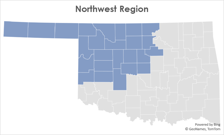 Map of Level 3 fueling and charging stations in the northwest region of Oklahoma.