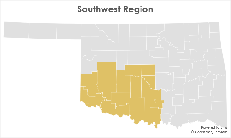 Map of Level 3 fueling and charging stations in the southwest region of Oklahoma.