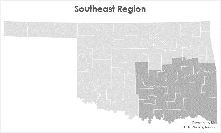 Map of Level 3 fueling and charging stations in the southeast region of Oklahoma.