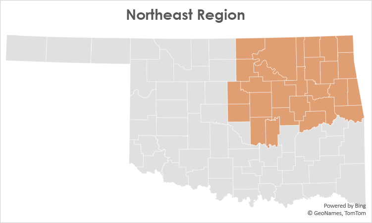 Map of Level 3 fueling and charging stations in the northeast region of Oklahoma.