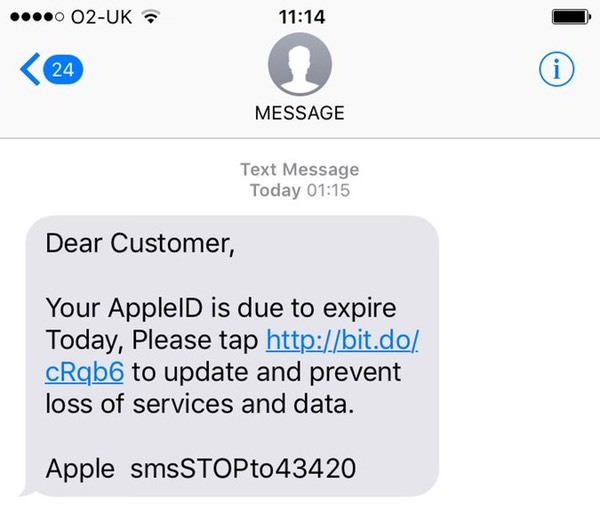 Smishing attack involving AppleID expiration