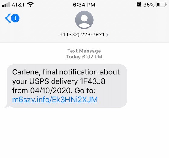 Smishing attack related to USPS delivery