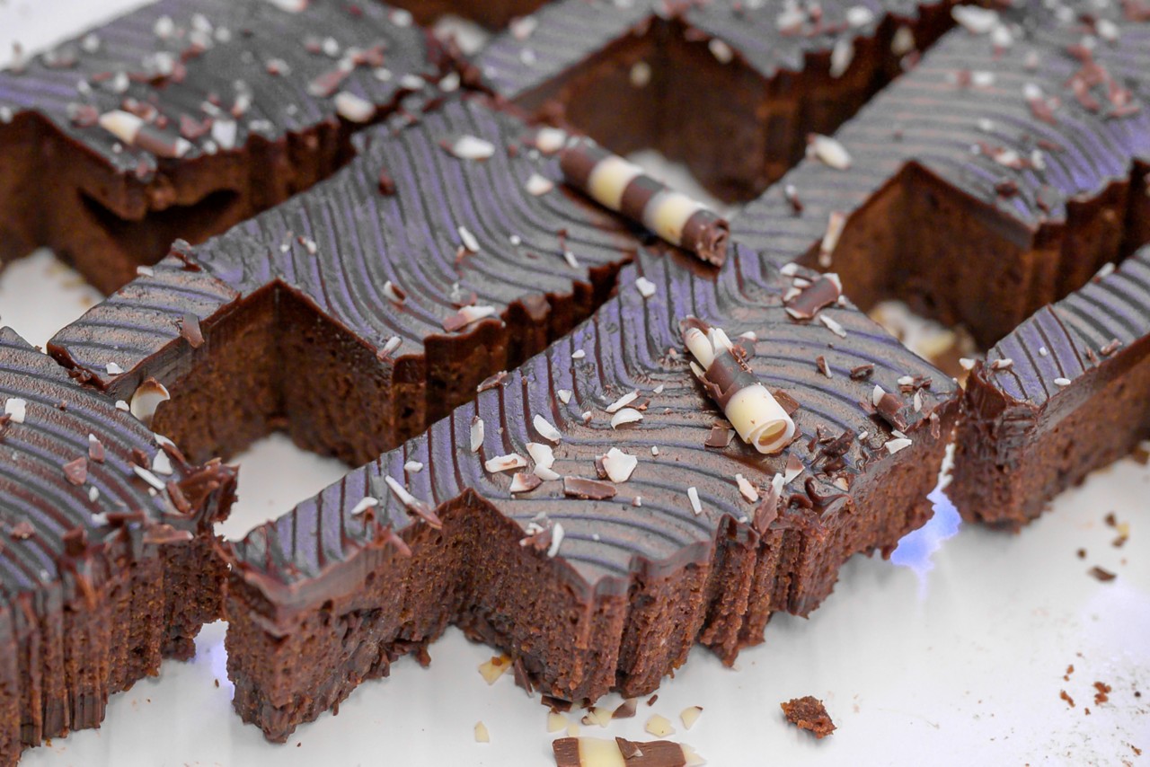 Close-up of Oklahoma-shaped brownies