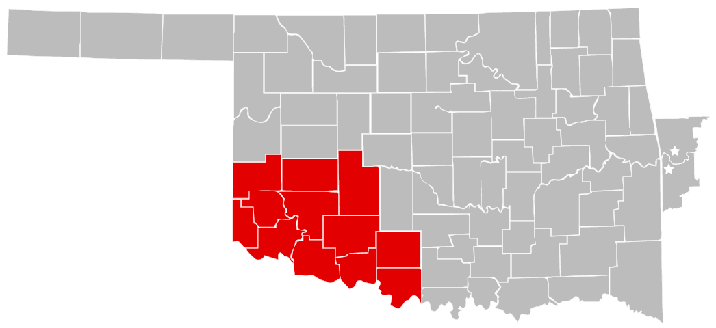oklahoma map of all counties and the southwest area counties are highlighted red