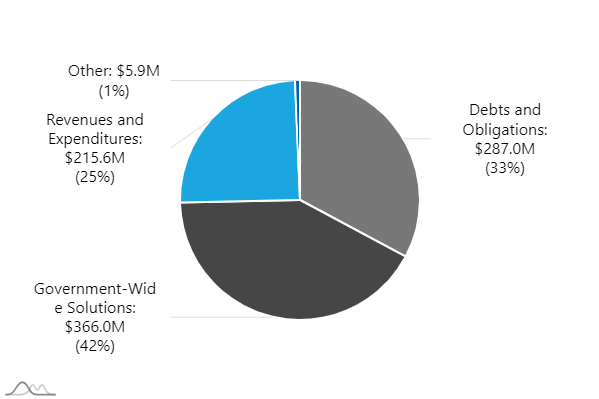 Government Pie Chart indicating: "Debts and Obligations: $461.1M (45%), Government Wide Solutions: $303.4M (29%), Revenues and Expenditures: $241.0M (23%), Other: $33.9M (3%)"