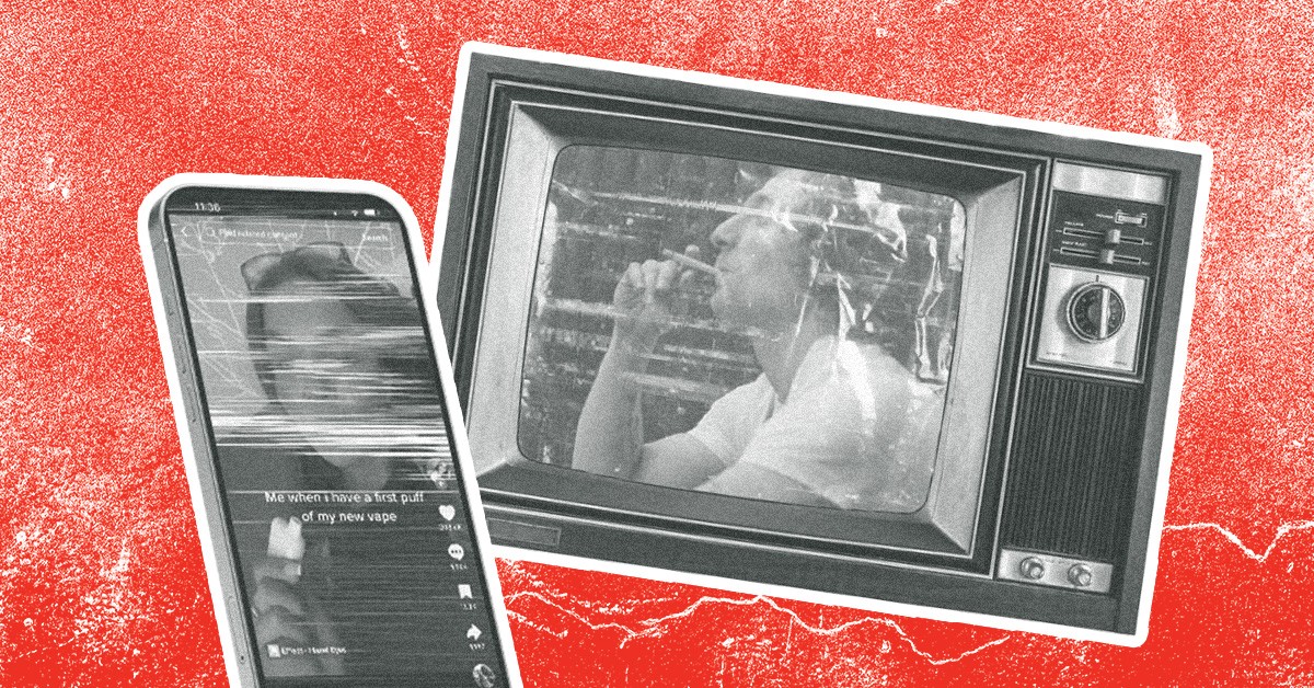 TV screen with examples of smoking in media on red background