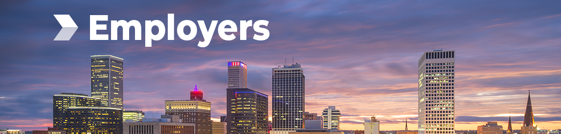 Oklahoma City skyline with the title of "Employers" overlaid on top of the image.